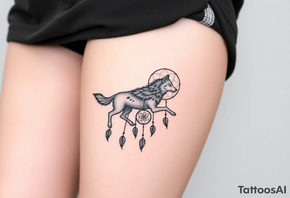 A wolf running through the woods, with dreamcatcher rings tattoo idea