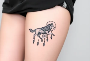 A wolf running through the woods, with dreamcatcher rings tattoo idea