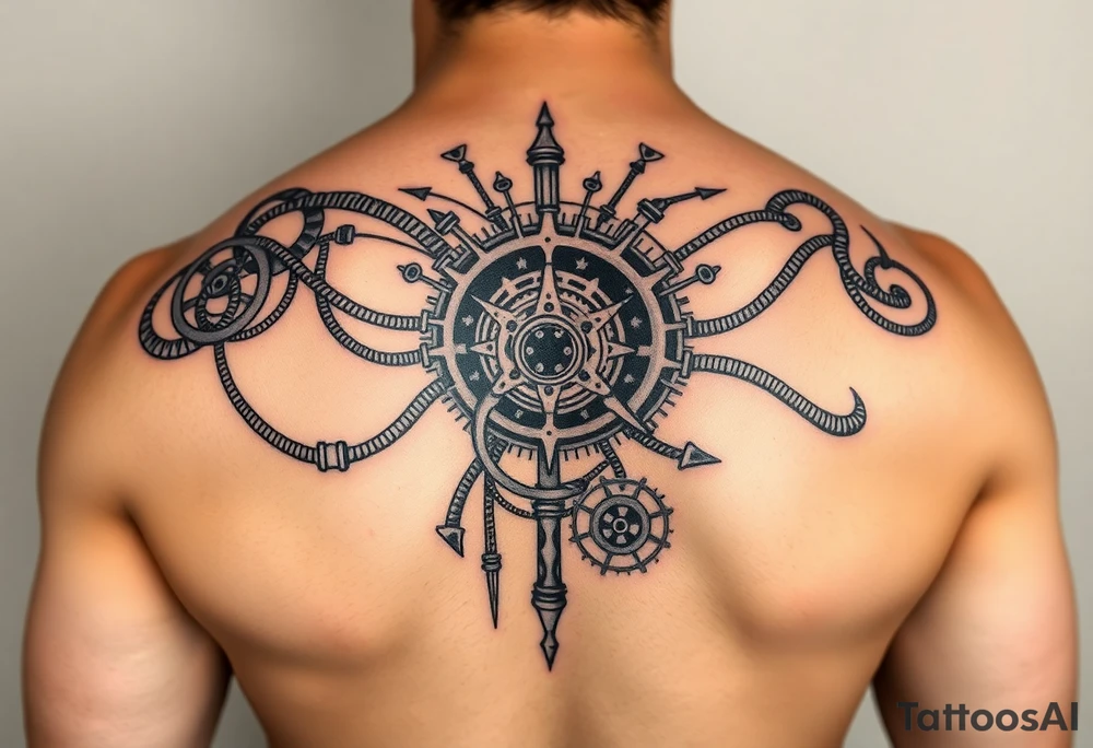 Create a full back tattoo.

I’d like the new elements to be in a different style than Polynesian, but still visually cohesive so they complement the existing tattoos rather than clash with them. Maybe steampunk, pipes, cords, cogwheels and mechanical elements tattoo idea