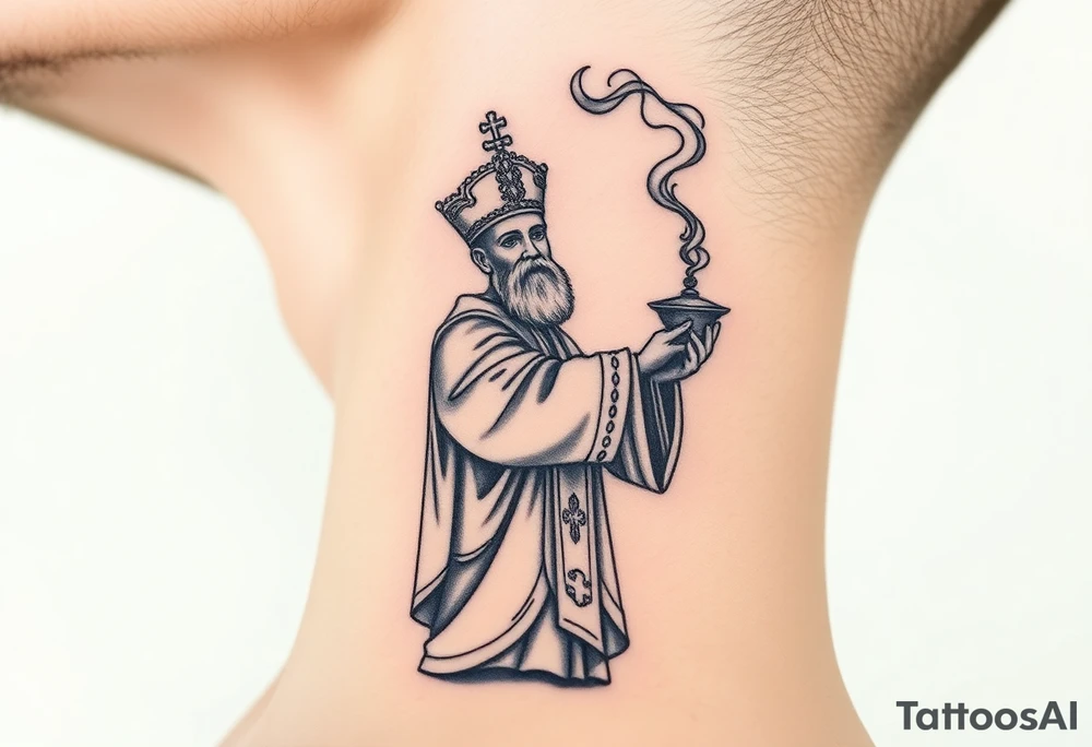 Russian Orthodox Priest in a fully detailed gold vestment swinging a censer with smoke curling upward tattoo idea