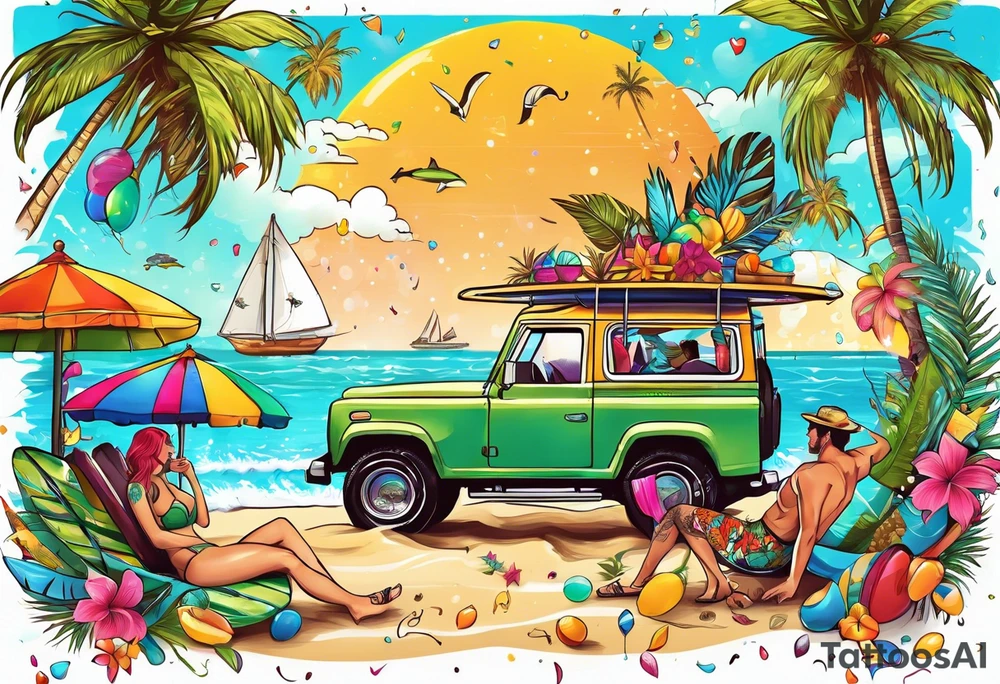 SURFING SAFARI BEACH DANCE 
PARTY WITH CONFETTI AND MUSIC NOTES, TROPICAL DRINKS, SEXY BIKINIS tattoo idea