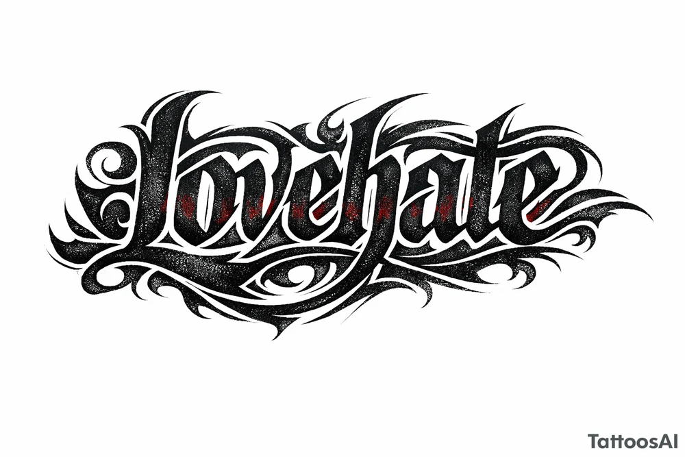 Textured font 'lovehate' in charcoal with deep red highlights.combine the two words to make one word tattoo idea