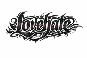 Textured font 'lovehate' in charcoal with deep red highlights.combine the two words to make one word tattoo idea