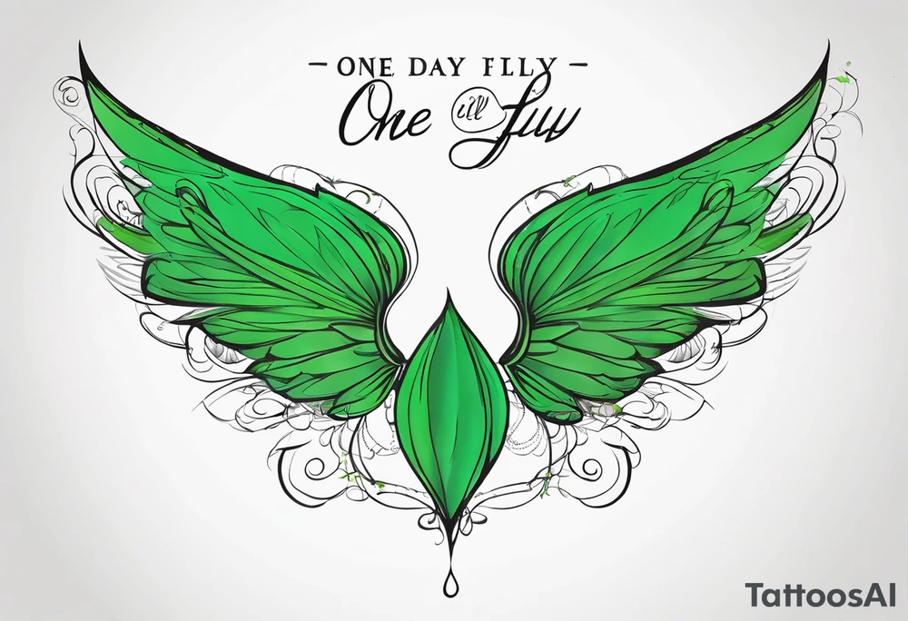 Green fairy wings with text “one day I’ll fly away” tattoo idea