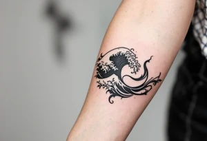 A bold black wave crest curls across the forearm, symbolizing strength and flow. tattoo idea