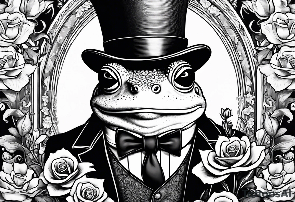 Frog in a top hat holding flowers to go on a date tattoo idea