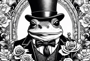 Frog in a top hat holding flowers to go on a date tattoo idea