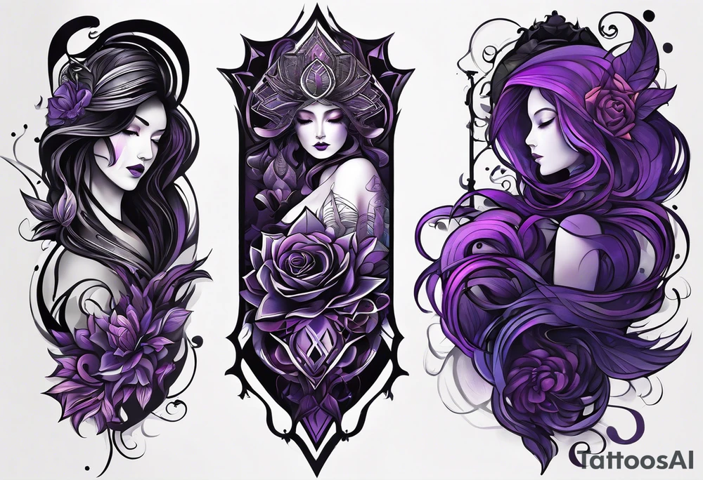lines around wrist, abstract, black and purple, covered from wrist to forearm, fully covered, no borders, blackwork, no faces tattoo idea