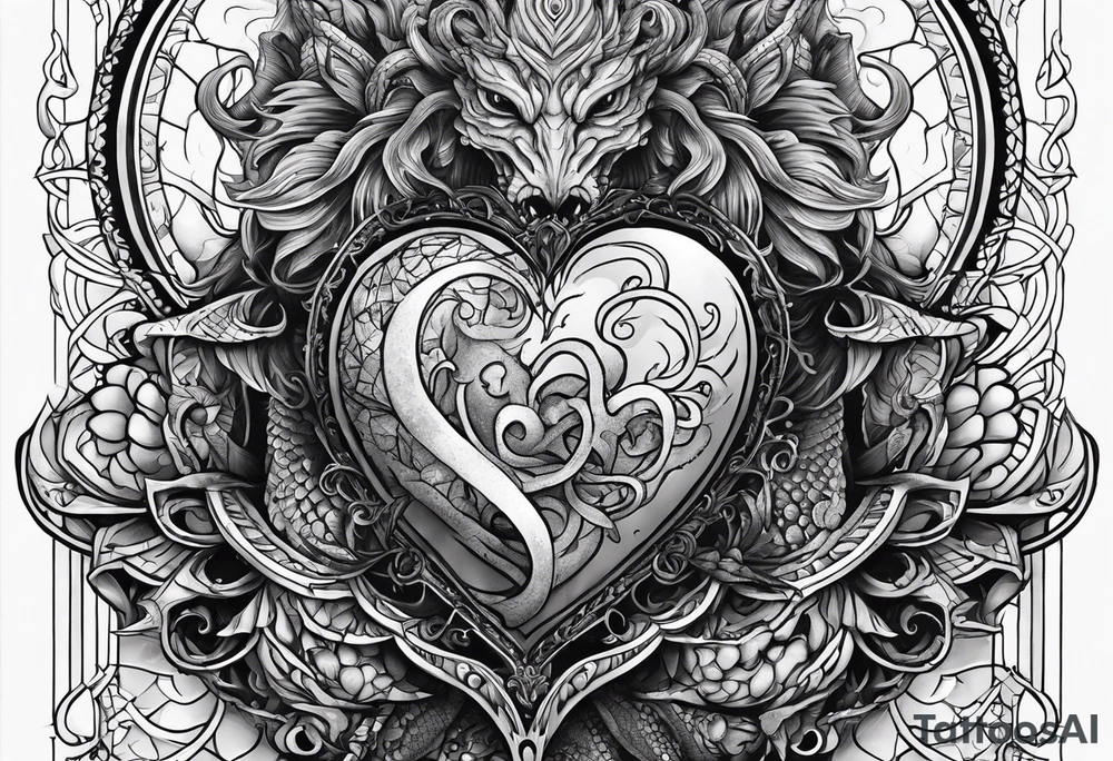 Vertical full sleeve. Lovecraftian creature, protecting a heart. tattoo idea