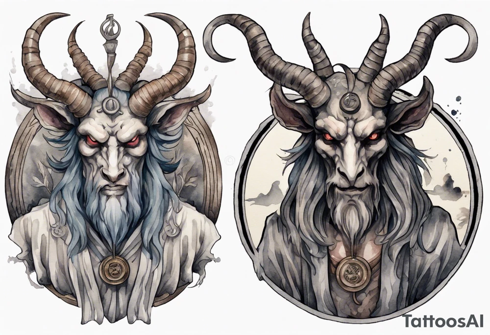 a barrel-chested Baphomet wearing a grey tunic tattoo idea