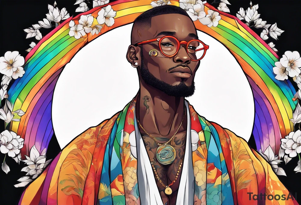 a handsome black man wearing round glasses and a rainbow cloak tattoo idea