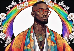 a handsome black man wearing round glasses and a rainbow cloak tattoo idea