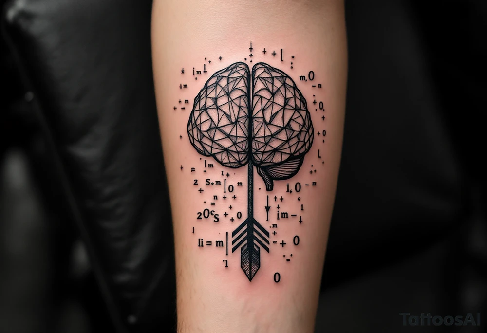A front-seen brain in geometric and straight lines, math symbols arround. A detailed arrow crossing from below, with its tip desintegrating to represent entropy. Around of the main tattoo, math and physics formulas fill the space, including the formula "ΔS ≥ 0" and the formula "(iδ + m) Φ = 0" tattoo idea