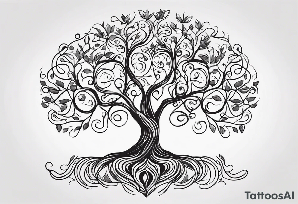 Black and white folk art whimsical tree of life drawing with roots winding all over tattoo idea