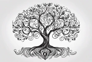 Black and white folk art whimsical tree of life drawing with roots winding all over tattoo idea