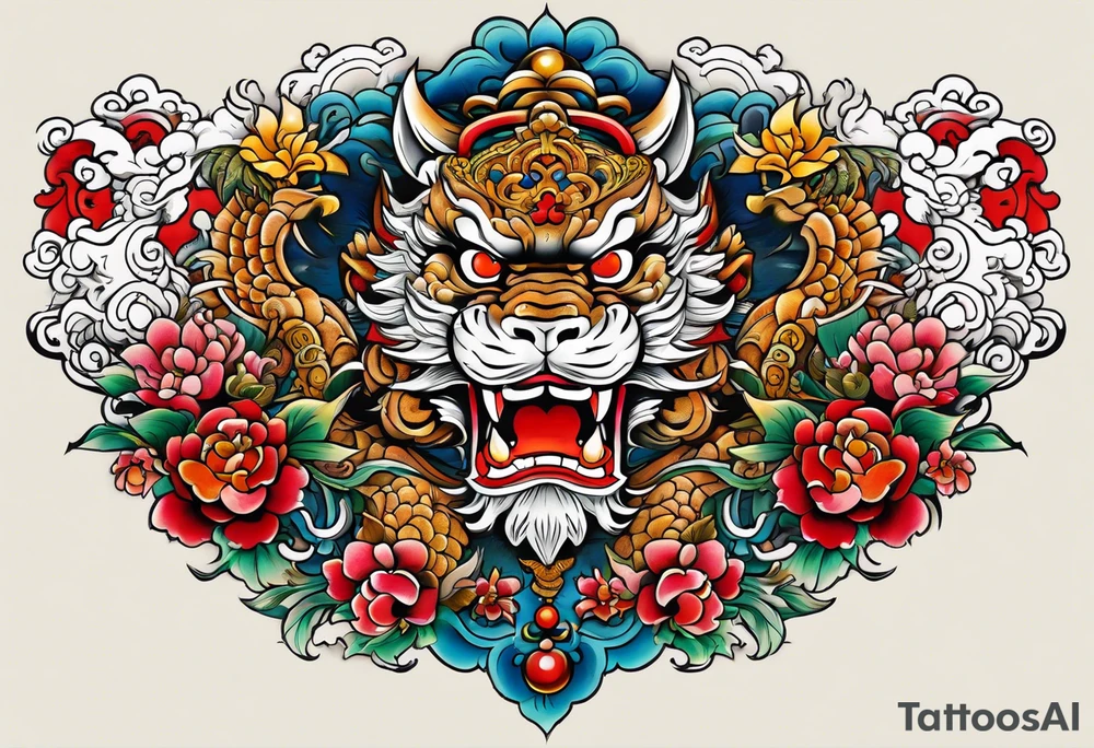 Pair of Okinawa shisa on chest. 1980s Yakuza style tattoo idea