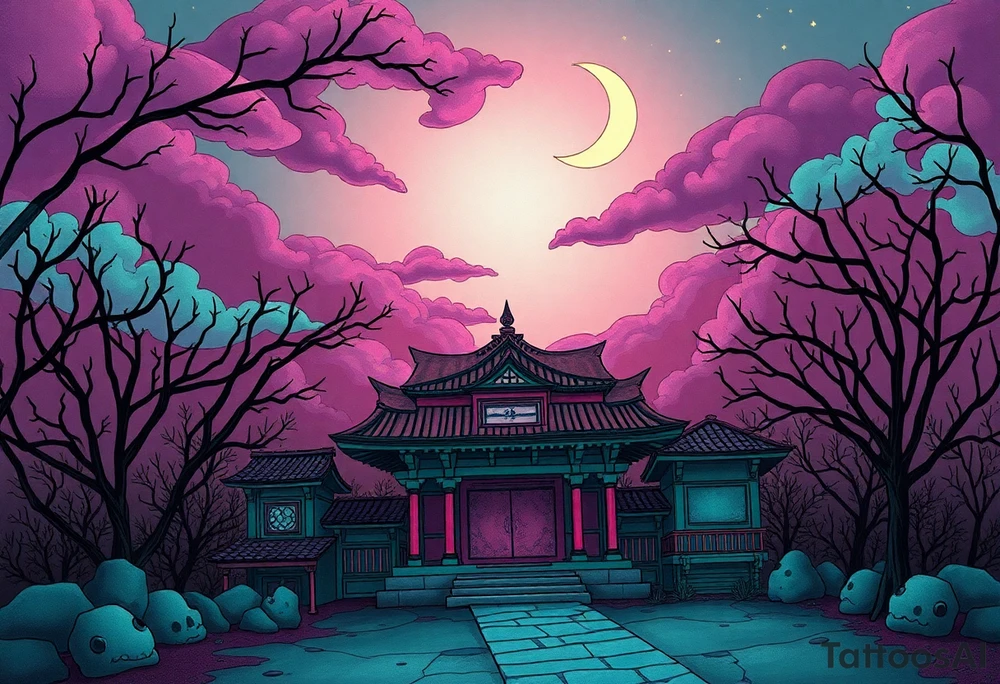 Tim Burton’s haunted pastel Tokyo shrine is abandoned and dripping with muted reds, dusty pinks, and eerie green glow.purple and cyan smokey clouds swirl in the crescent moonlit sky thats sprinkled with stars tattoo idea tattoo idea
