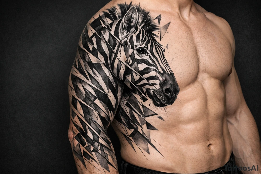 Fragmented hyperrealistic zebra head, geometric lines onto shoulder, chest. tattoo idea