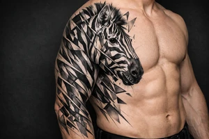 Fragmented hyperrealistic zebra head, geometric lines onto shoulder, chest. tattoo idea