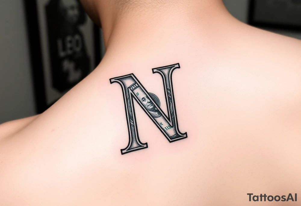 Small Letter N with a dollar bill tattoo idea