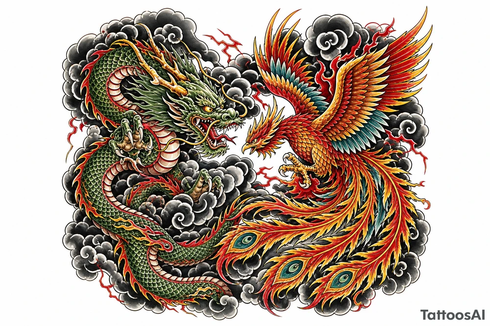 Japanese dragon and phoenix battling amidst dark storm clouds. tattoo idea