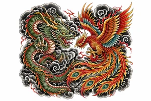 Japanese dragon and phoenix battling amidst dark storm clouds. tattoo idea
