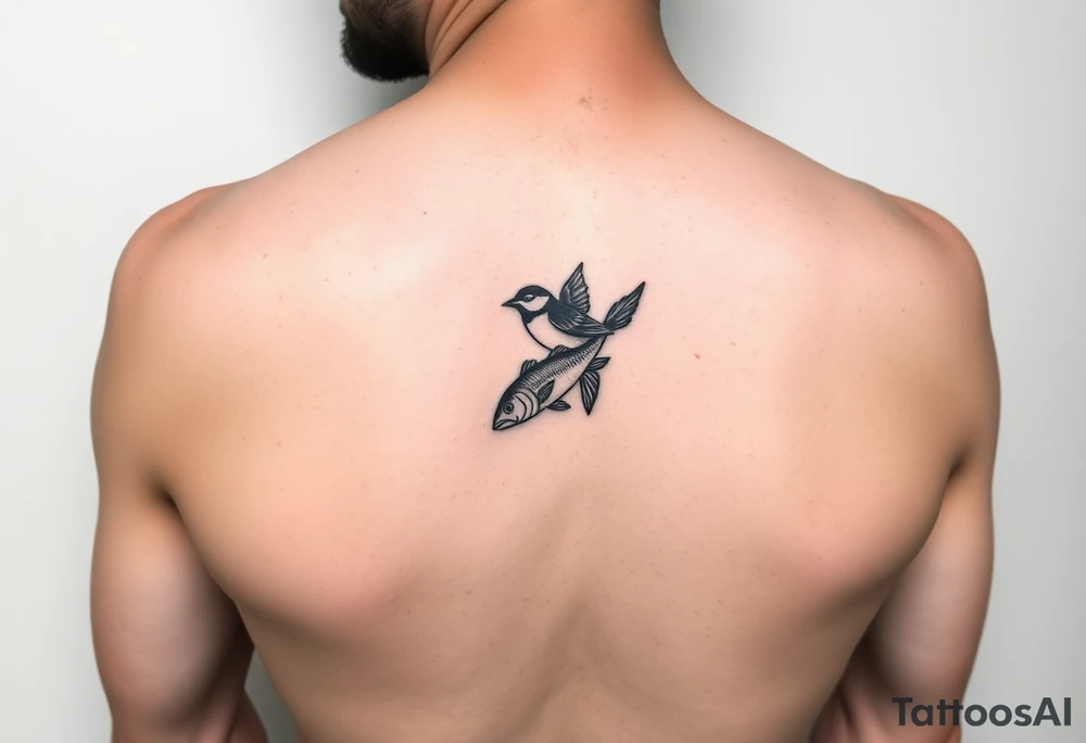 small bird and fish tattoo, for chest, man. not many details. a lot of black color tattoo idea
