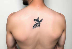 small bird and fish tattoo, for chest, man. not many details. a lot of black color tattoo idea