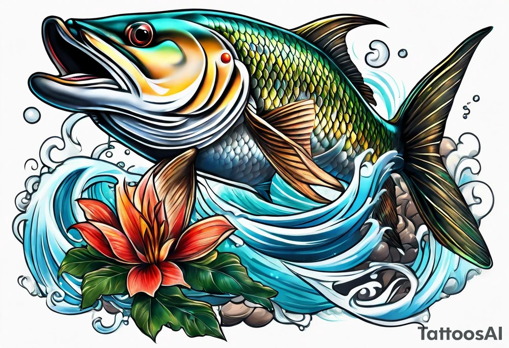 Fishing and outdoor scene sleeve tattoo idea