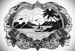 Tatouage ornement noir et blanc. les kangourous et la vie, un soleil, des vagues. Ainsi que  des feuilles provenant d’Australie et de  Bali. Lignes très fines. tattoo idea