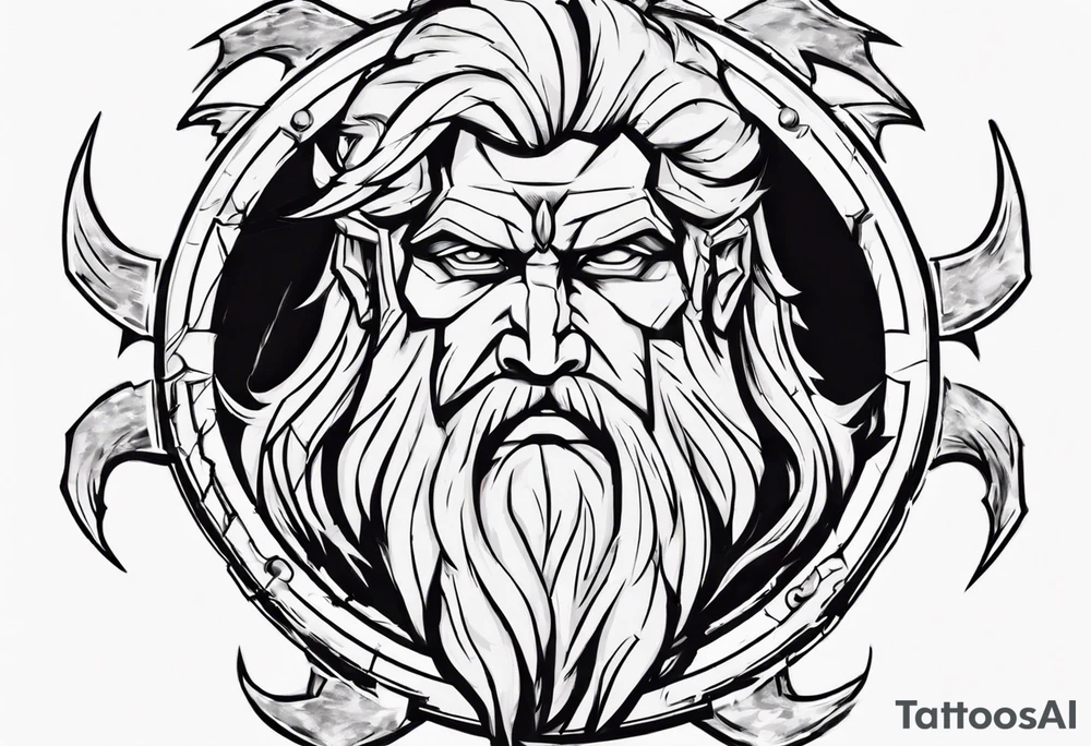 zeus with lightnings coming out of the eyes with spartan shield in background tattoo idea