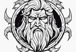 zeus with lightnings coming out of the eyes with spartan shield in background tattoo idea