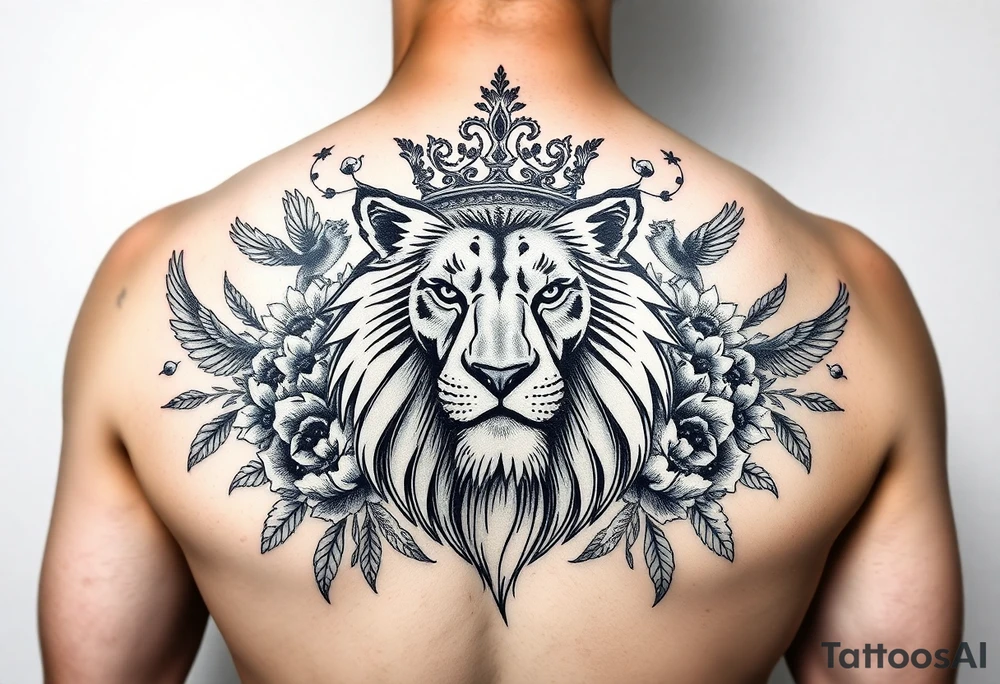 powerful majestic lion with a crown, surrounded by floral ornaments and birds tattoo idea