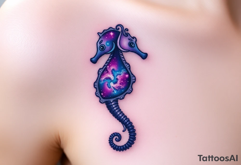 A cosmic seahorse with a galaxy swirling within its translucent body, in deep violets, blues, and silver. tattoo idea