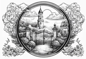 heaven summer town with tower houses gate entrance 
 in circle vignette surrounded by clouds tattoo idea