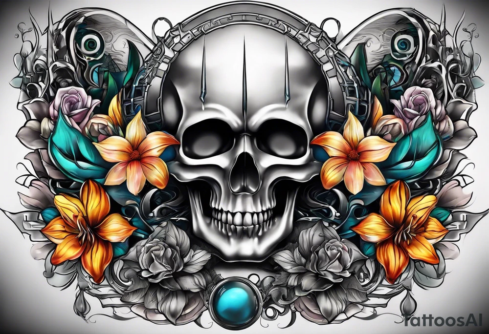 H.R. Giger tattoo with realistic evil skull, various flowers, geometric shapes, water and fall colors tattoo idea