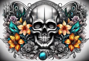 H.R. Giger tattoo with realistic evil skull, various flowers, geometric shapes, water and fall colors tattoo idea