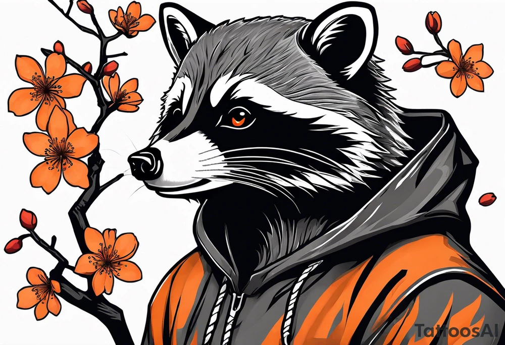 Raccoon wearing a white Superman logo on a black hoodie and orange Japanese cherry blossoms tattoo idea