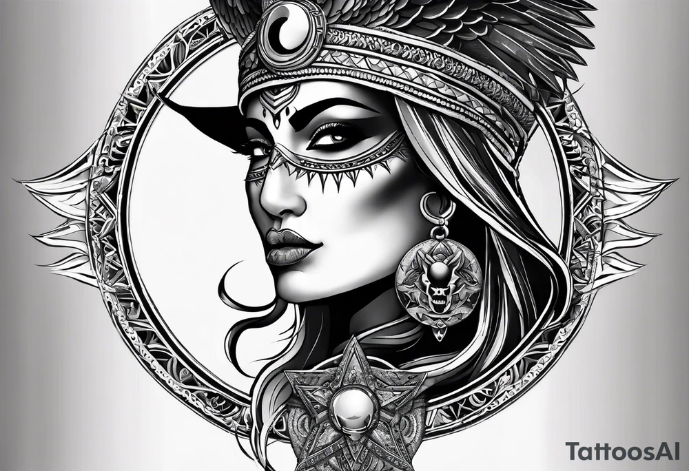 black kali, goddess pirate, alien, pachamama, valkrye, warrior, skull, lotus azul, wing, eagle, zenza resonance, stars, 5D, anahata chakra tattoo idea