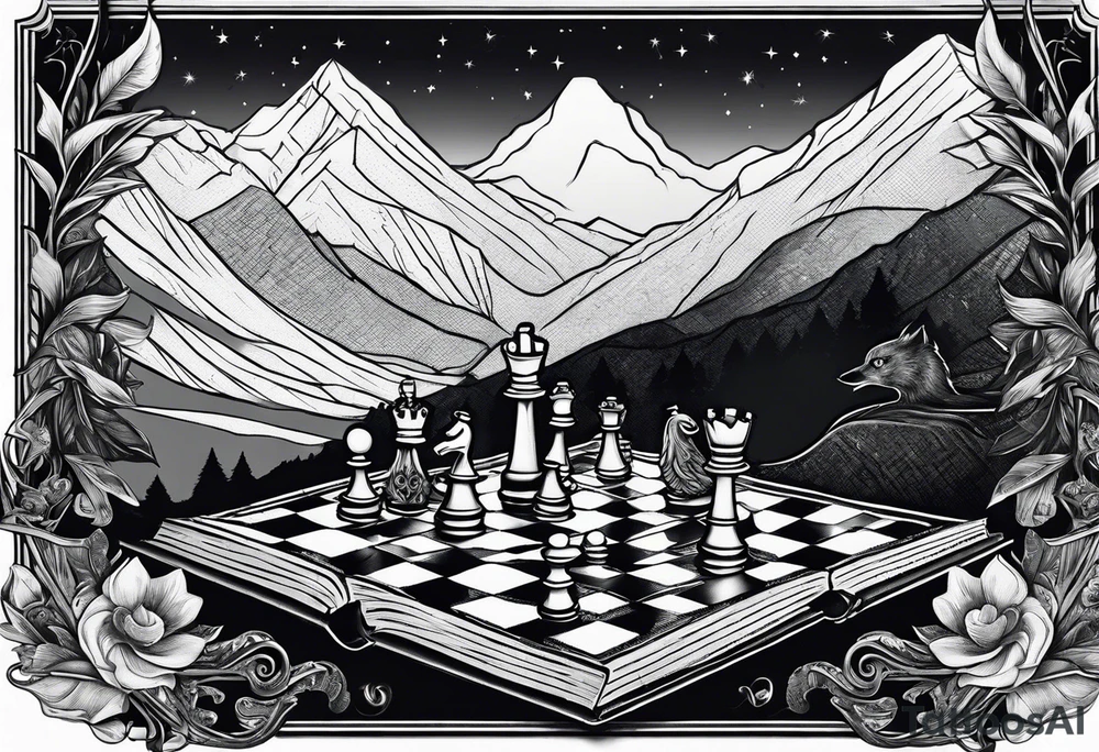 Books, chessboard with king and queen piece, background in a mountain night time  and ravens tattoo idea