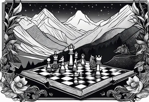 Books, chessboard with king and queen piece, background in a mountain night time  and ravens tattoo idea