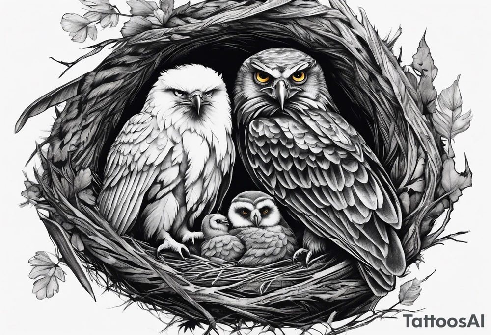Owl, raven, eagle cuddled in a nest, looking down into the nest tattoo idea