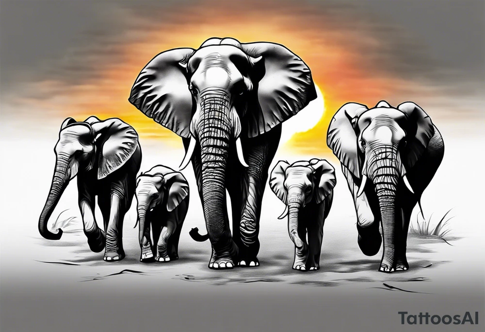 family of 6 elephants walking into sunset tattoo idea