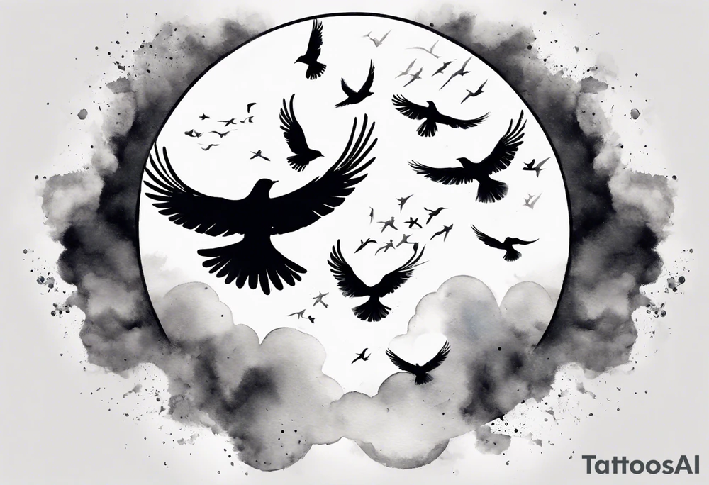 shoulder tattoo with light rays with birds flying free among the clouds, round shape tattoo idea