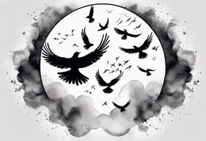 shoulder tattoo with light rays with birds flying free among the clouds, round shape tattoo idea