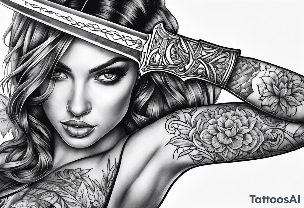 Female holding dagger tattoo idea