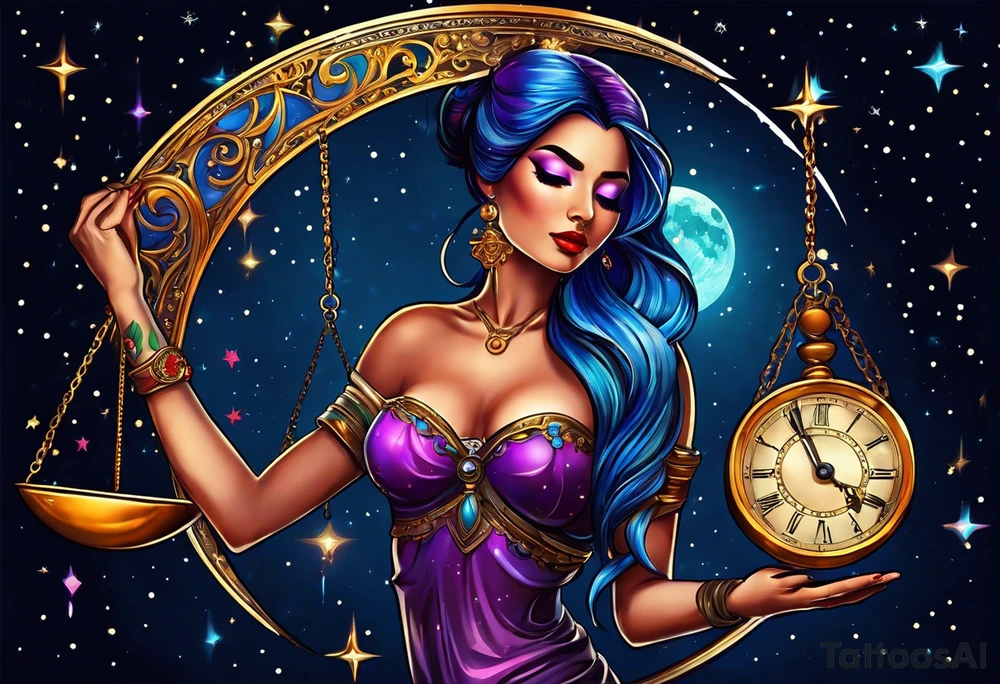 Beautiful woman blindfolded holding the libra scales, in the background is the libra constellation with a halfmoon surrounding half of the woman. The scales hang from the bottom of the half moon. Vibrant colors intensify the picture tattoo idea