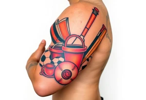 Childhood memories of a book, a bucket and spade, a football, a cricket bat, a teabag, a biscuit, a comic tattoo idea