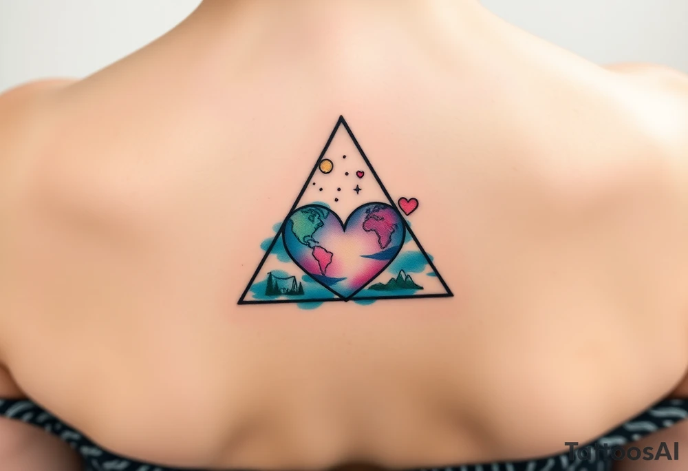 A triangle with a big heart in the center with a travel theme tattoo idea