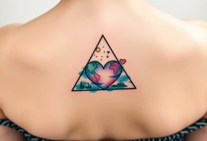 A triangle with a big heart in the center with a travel theme tattoo idea